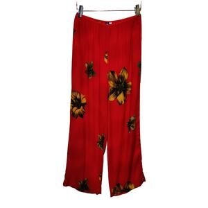 Hibiscus Collection Womens Sz L Red Floral Hawaiian Pants Cropped Flowy Tropical